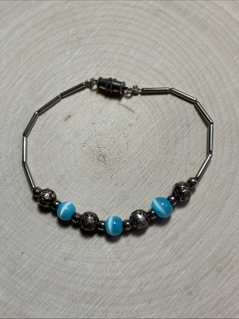 Sterling Silver and Authentic Blue Cats Eye Beaded Bracelet